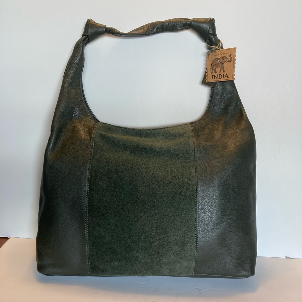 Genuine Leather Olive Green Hobo Style Tote Bag